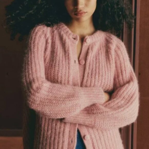 Sezane Emile Alpaca Wool Balloon Sleeve Cardigan in Molted Pink Size XS - Picture 2 of 11